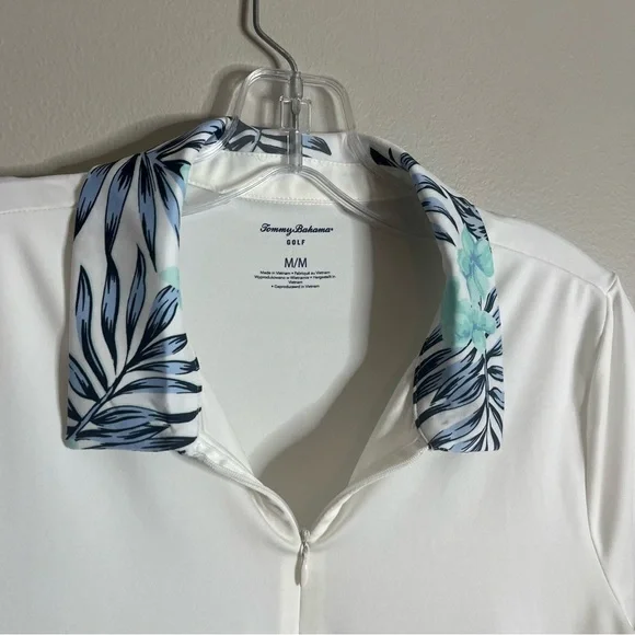 Tommy Bahama Size Medium Golf White Palm Collar Polo Shirt Performance K12 - Picture 2 of 6